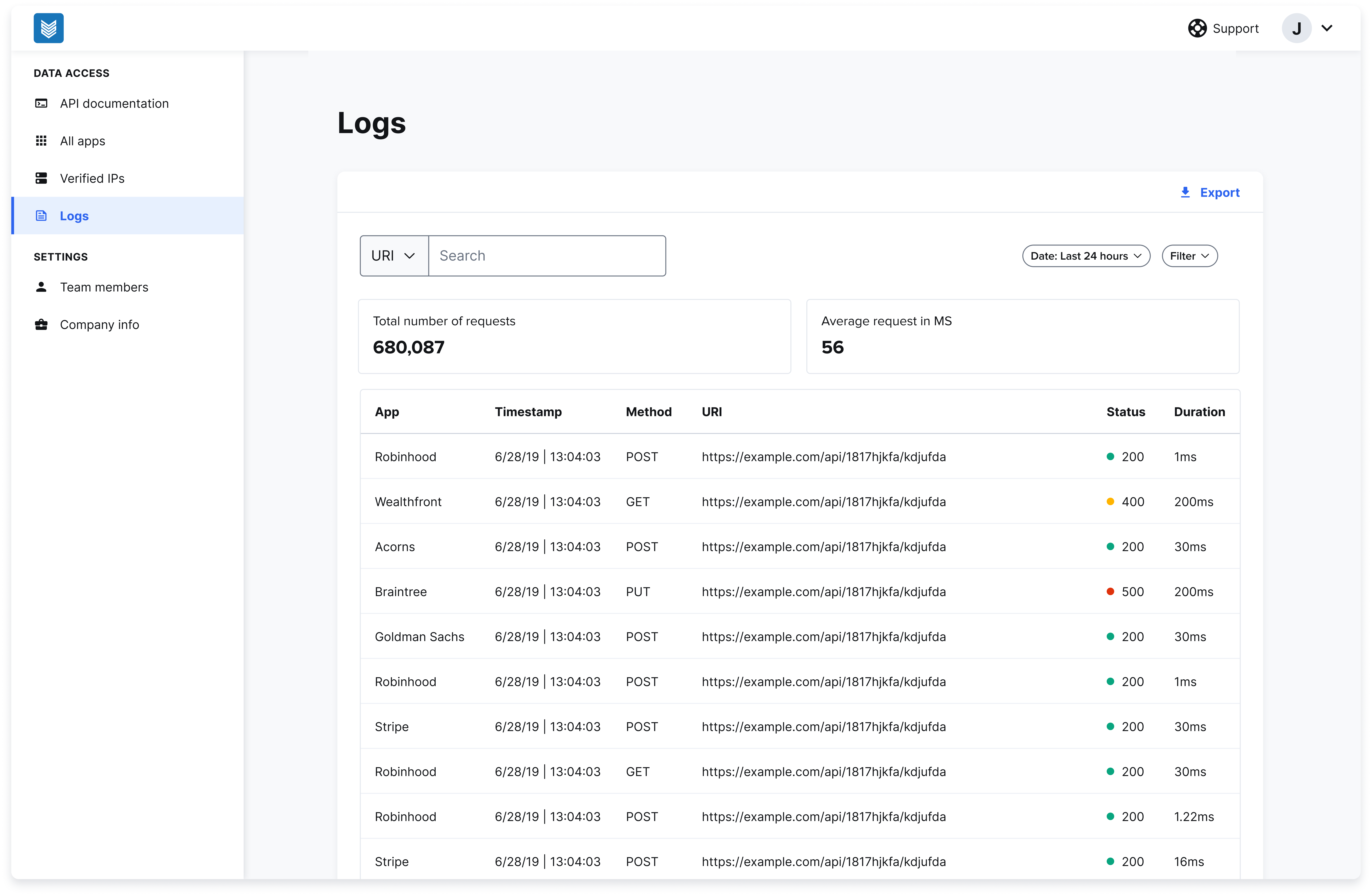 A screenshot of the logs page