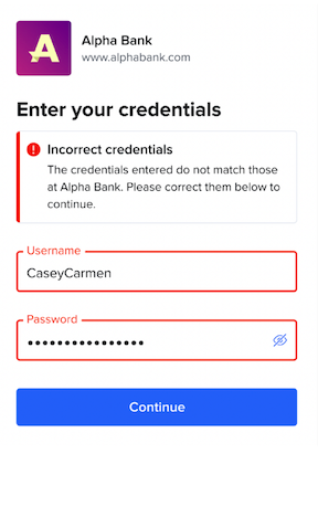  Screenshot of the incorrect credentials menu