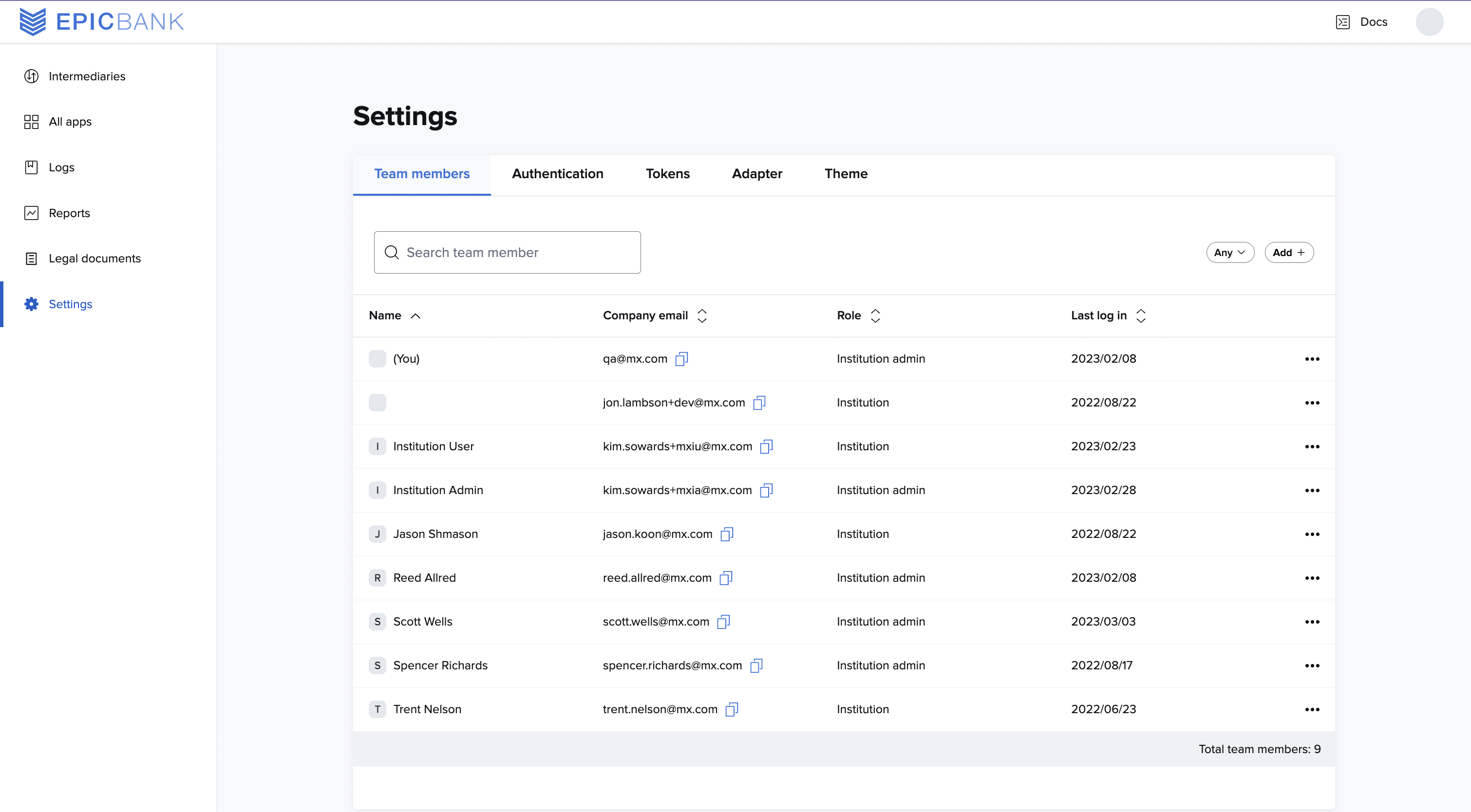 A screenshot of the team members page